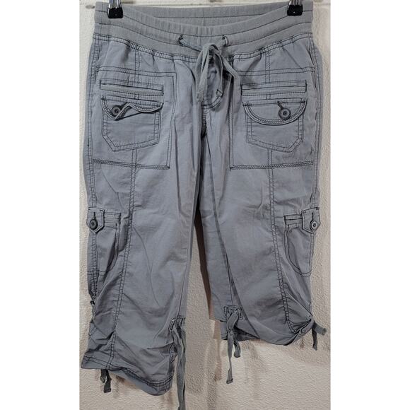 Decree Gray Drawstring Waist Capri Pants 0 Roll Tab Tie Legs Pockets Lightweight - Picture 1 of 7